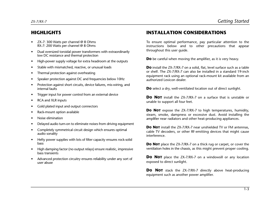 Highlights -3 installation considerations -3, Highlights -3, Installation considerations -3 | Getting started, Highlights, Installation considerations | Lexicon Power Amplifier RX-7 User Manual | Page 9 / 32