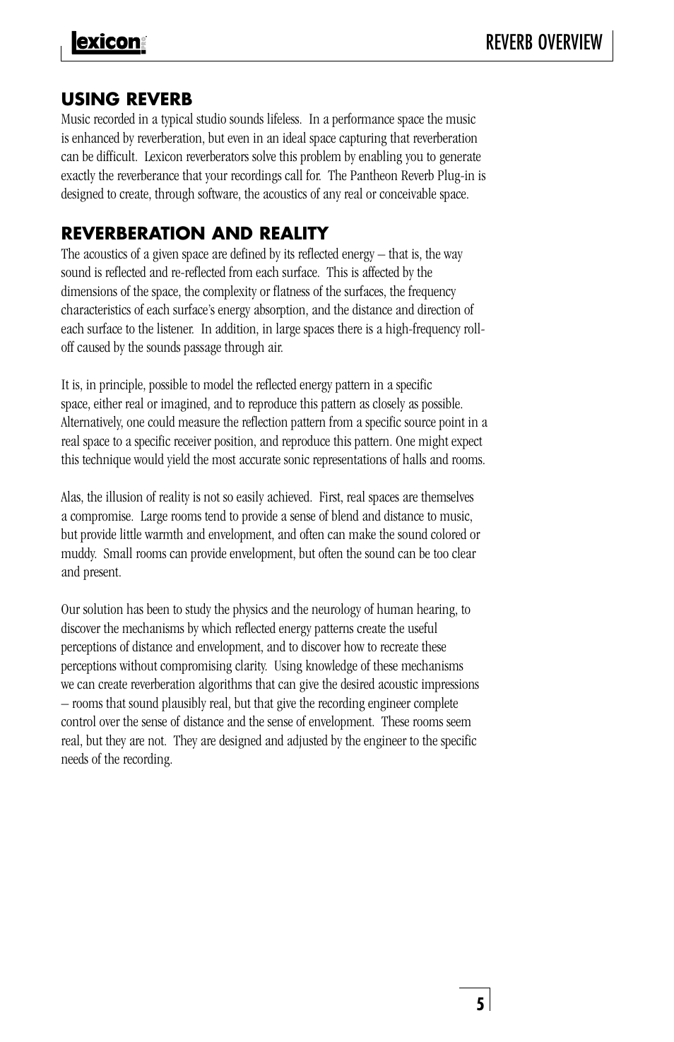 Reverb overview | Lexicon PANTHEON musical instrument User Manual | Page 5 / 16