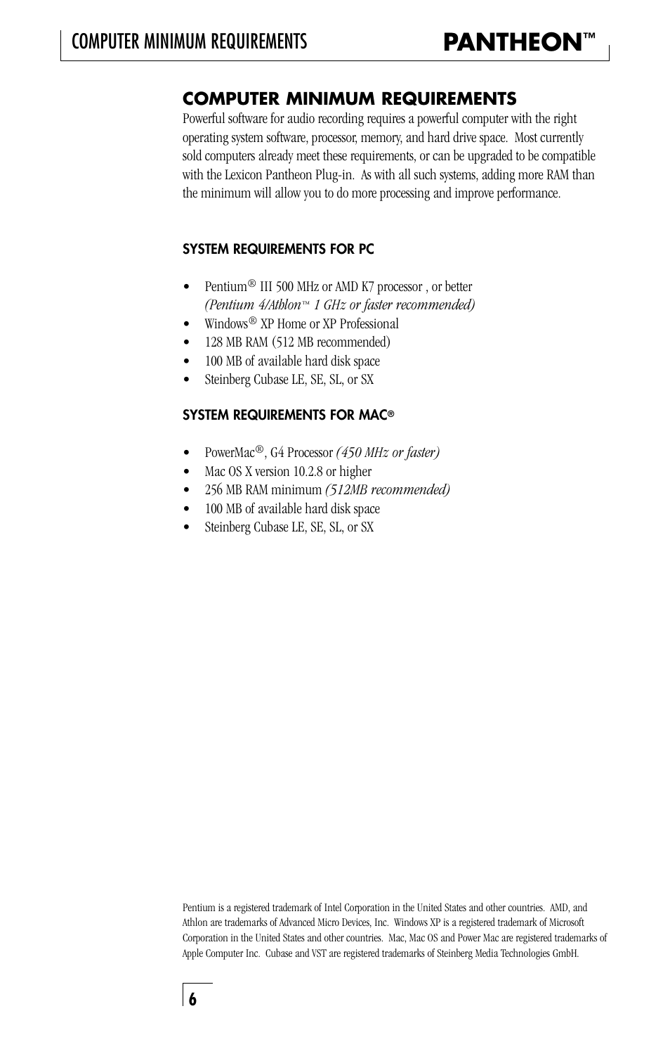 Pantheon, Computer minimum requirements | Lexicon PANTHEON musical instrument User Manual | Page 6 / 16