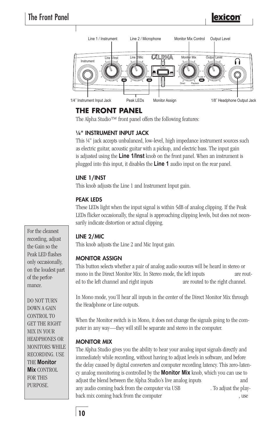 The front panel, This knob adjusts the line 2 and mic input gain | Lexicon Alpha Desktop Recording Studio User Manual | Page 10 / 36
