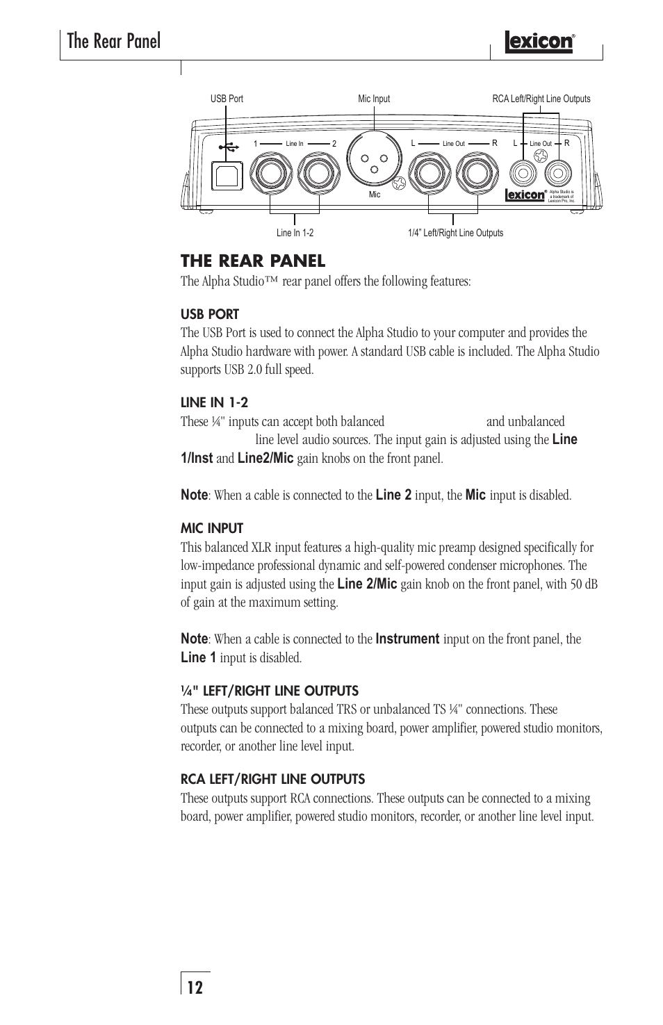 The rear panel | Lexicon Alpha Desktop Recording Studio User Manual | Page 12 / 36