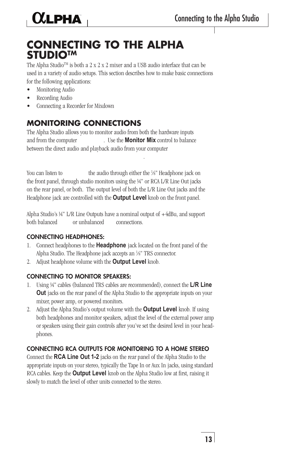 Connecting to the alpha studio | Lexicon Alpha Desktop Recording Studio User Manual | Page 13 / 36