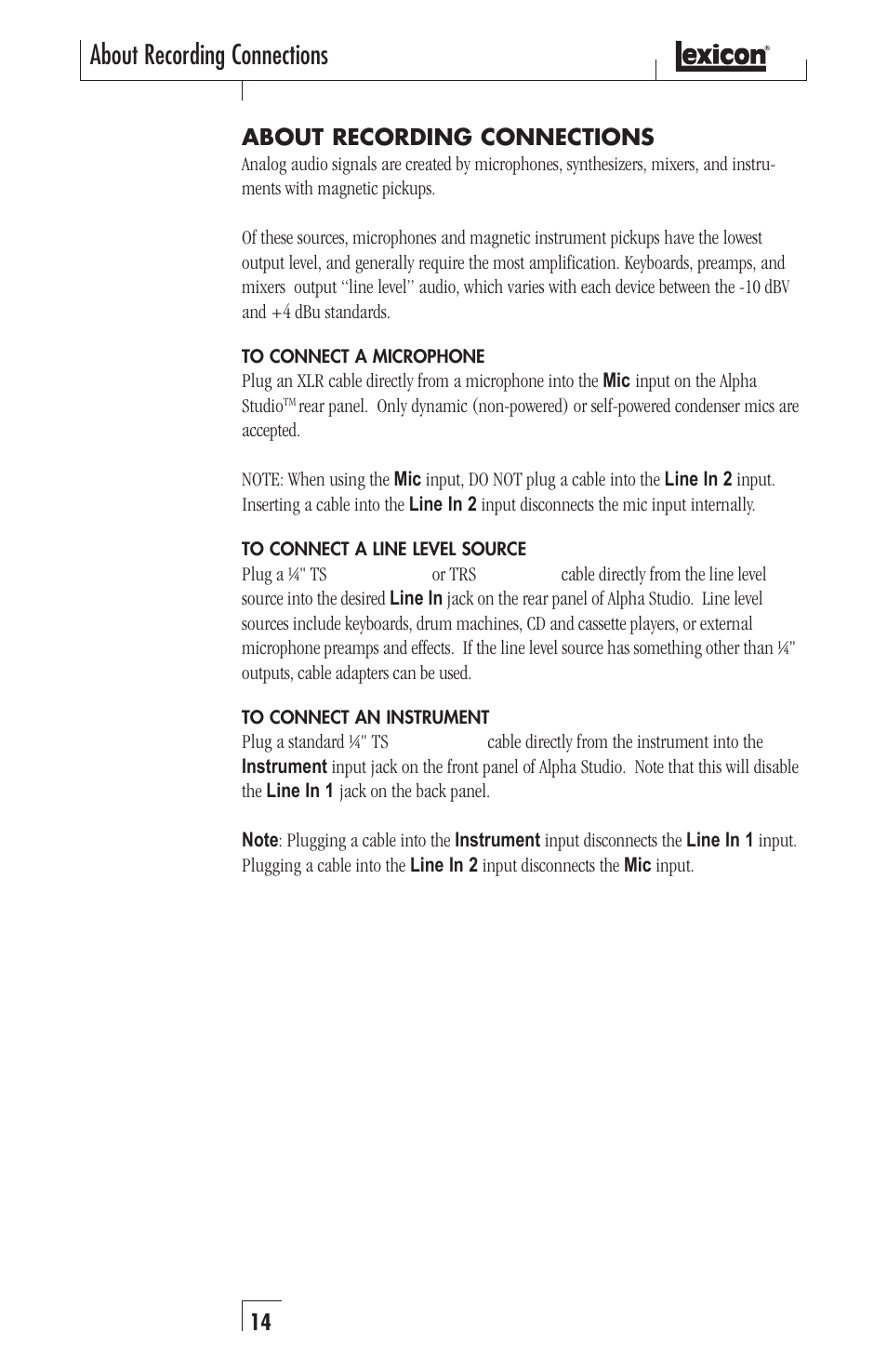 About recording connections | Lexicon Alpha Desktop Recording Studio User Manual | Page 14 / 36