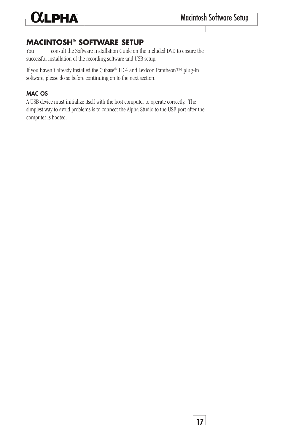 Macintosh software setup | Lexicon Alpha Desktop Recording Studio User Manual | Page 17 / 36