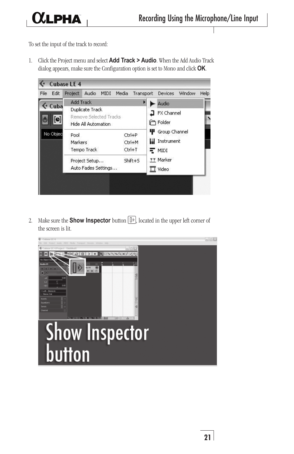 Recording using the microphone/line input | Lexicon Alpha Desktop Recording Studio User Manual | Page 21 / 36