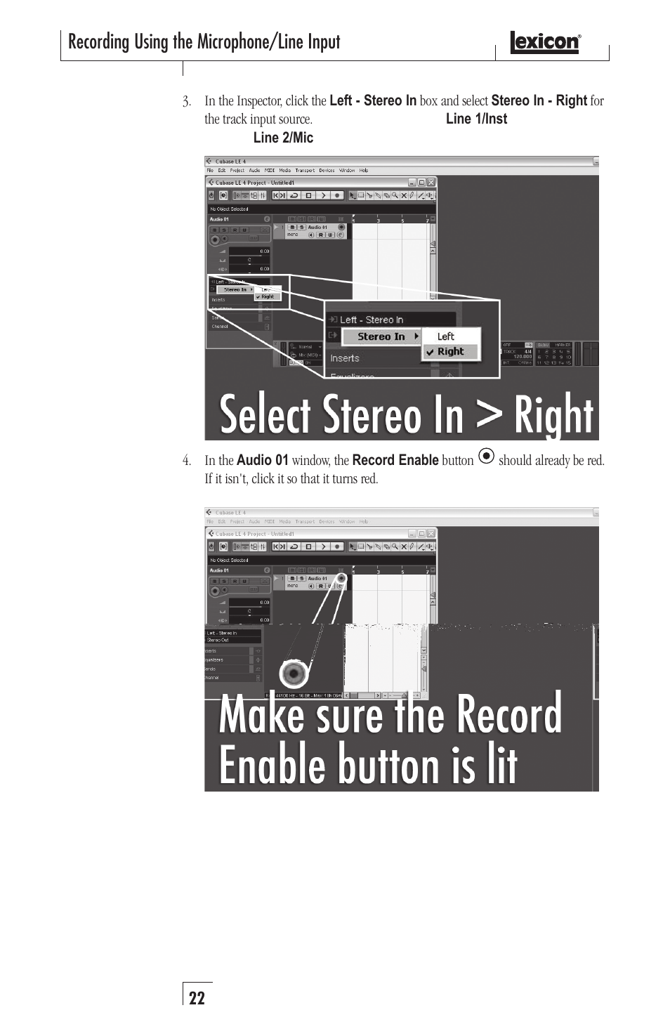 Recording using the microphone/line input | Lexicon Alpha Desktop Recording Studio User Manual | Page 22 / 36
