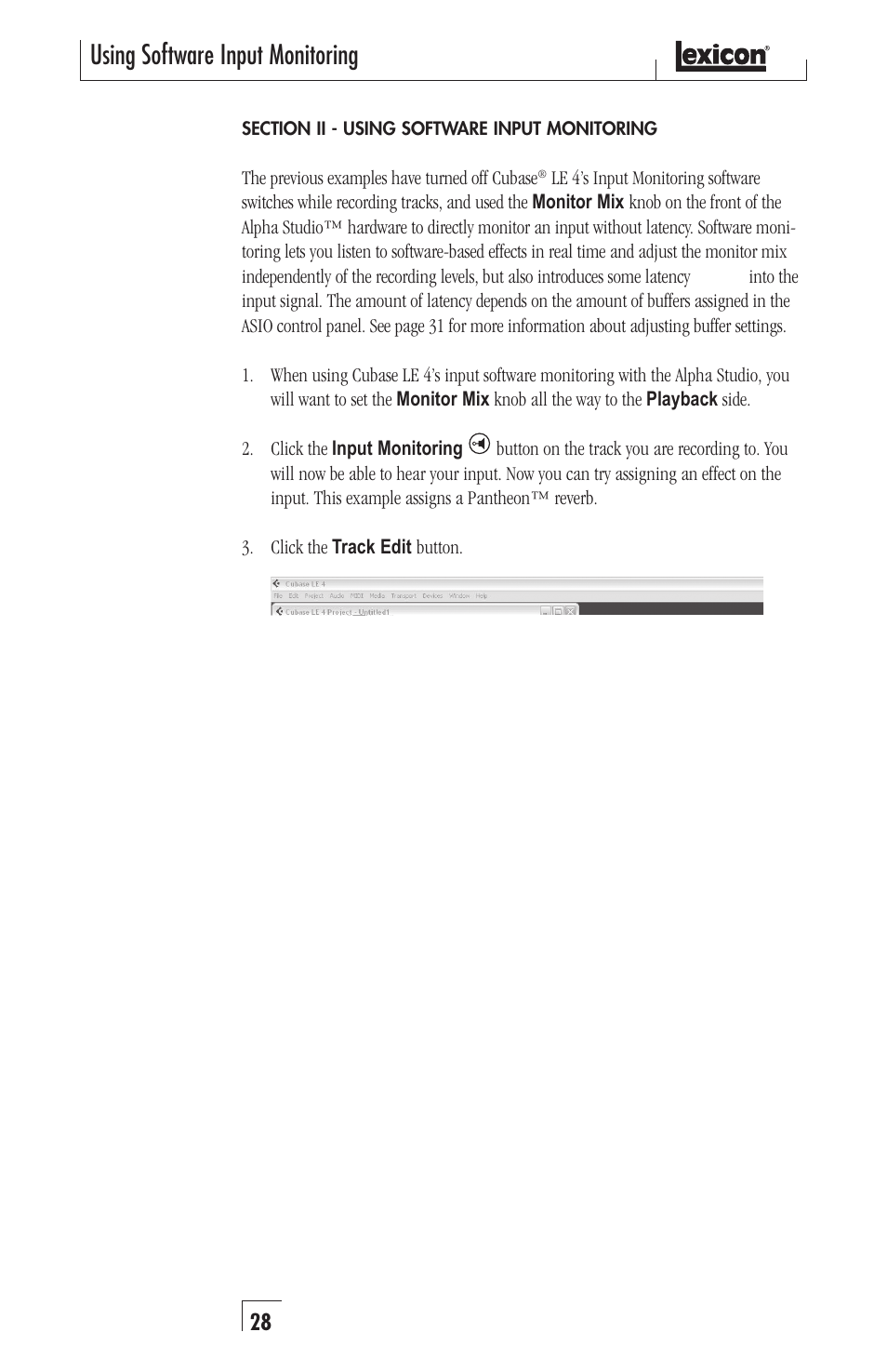 Using software input monitoring | Lexicon Alpha Desktop Recording Studio User Manual | Page 28 / 36