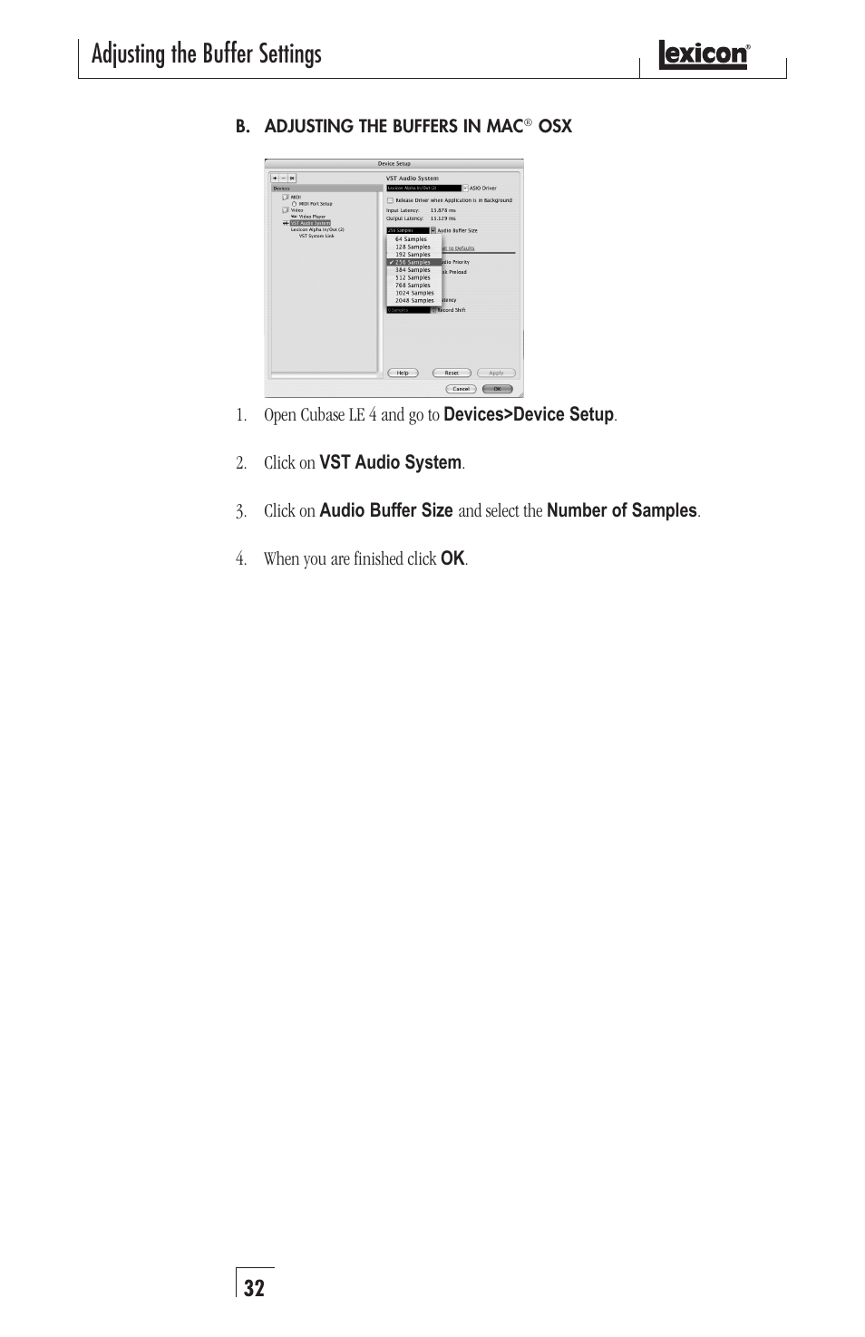 Adjusting the buffer settings | Lexicon Alpha Desktop Recording Studio User Manual | Page 32 / 36
