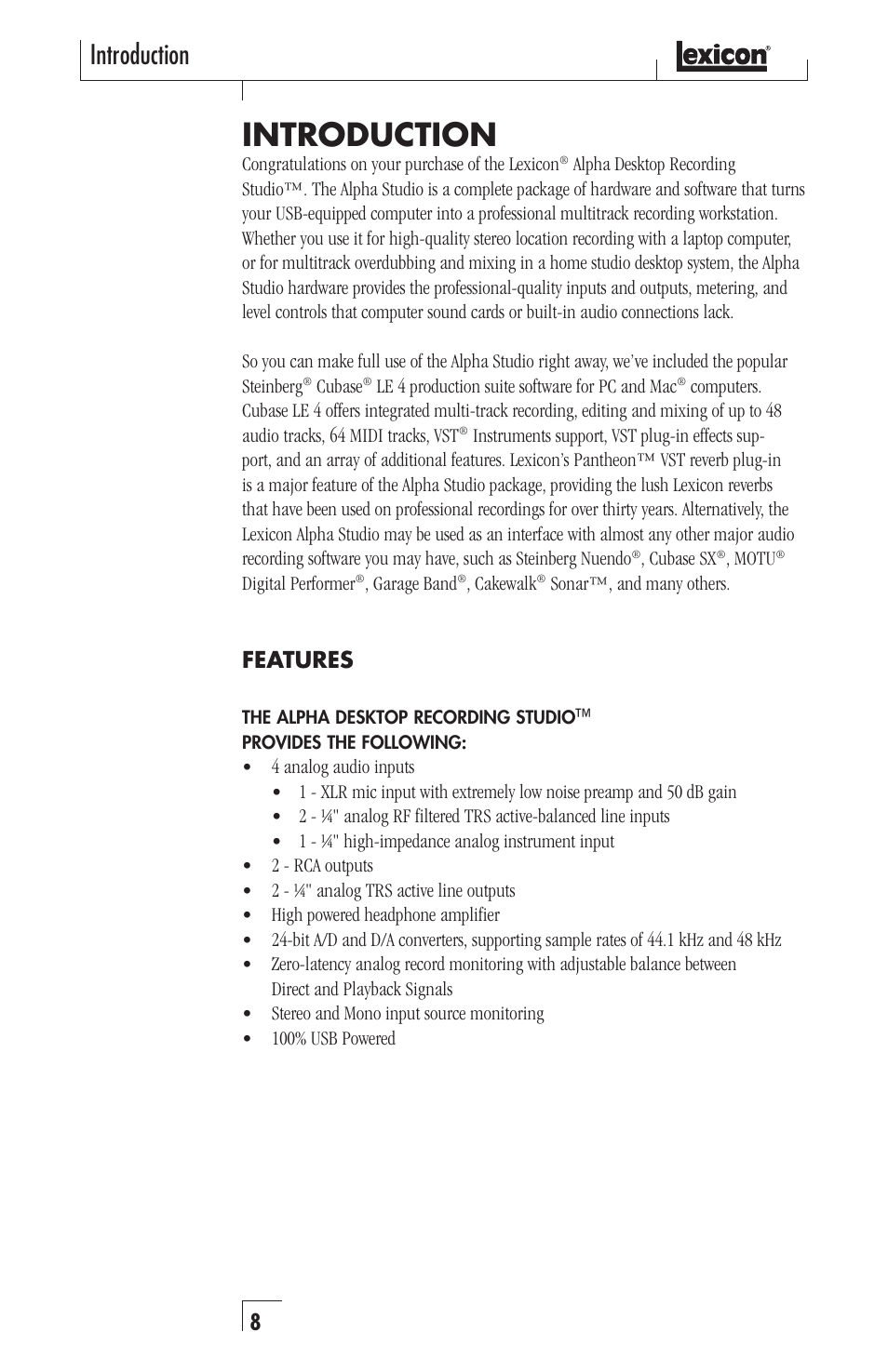 Introduction, Features | Lexicon Alpha Desktop Recording Studio User Manual | Page 8 / 36
