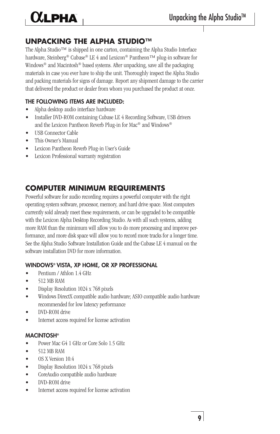 Unpacking the alpha studio, Computer minimum requirements | Lexicon Alpha Desktop Recording Studio User Manual | Page 9 / 36