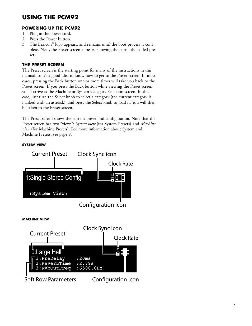 Single stereo config, Large hall, Current preset clock sync icon configuration icon | Lexicon PCM92 User Manual | Page 13 / 64