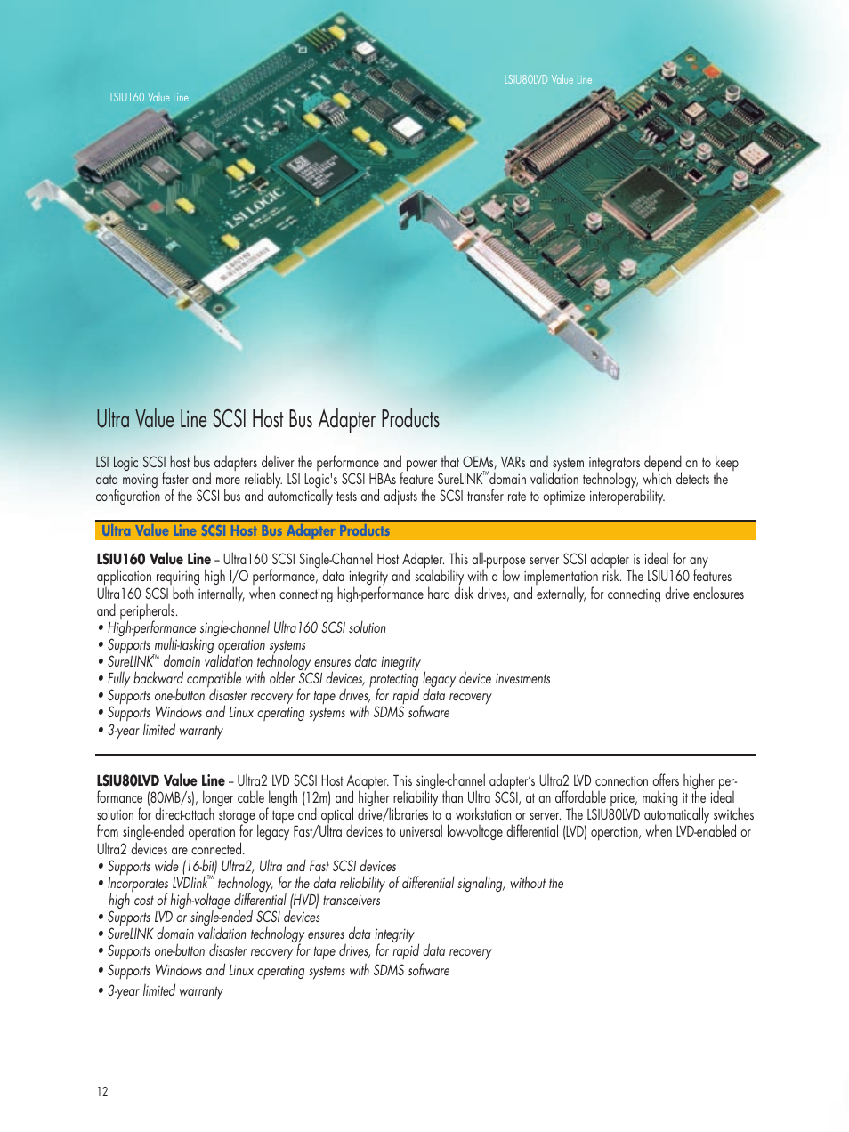 Ultra value line scsi host bus adapter products | LSI MegaRAID Adapters Host Bus Adapters User Manual | Page 12 / 16