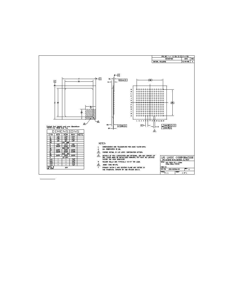 Figure6.39 169-pin bga mechanical drawing, Pin bga mechanical drawing | LSI 53C875A User Manual | Page 299 / 328