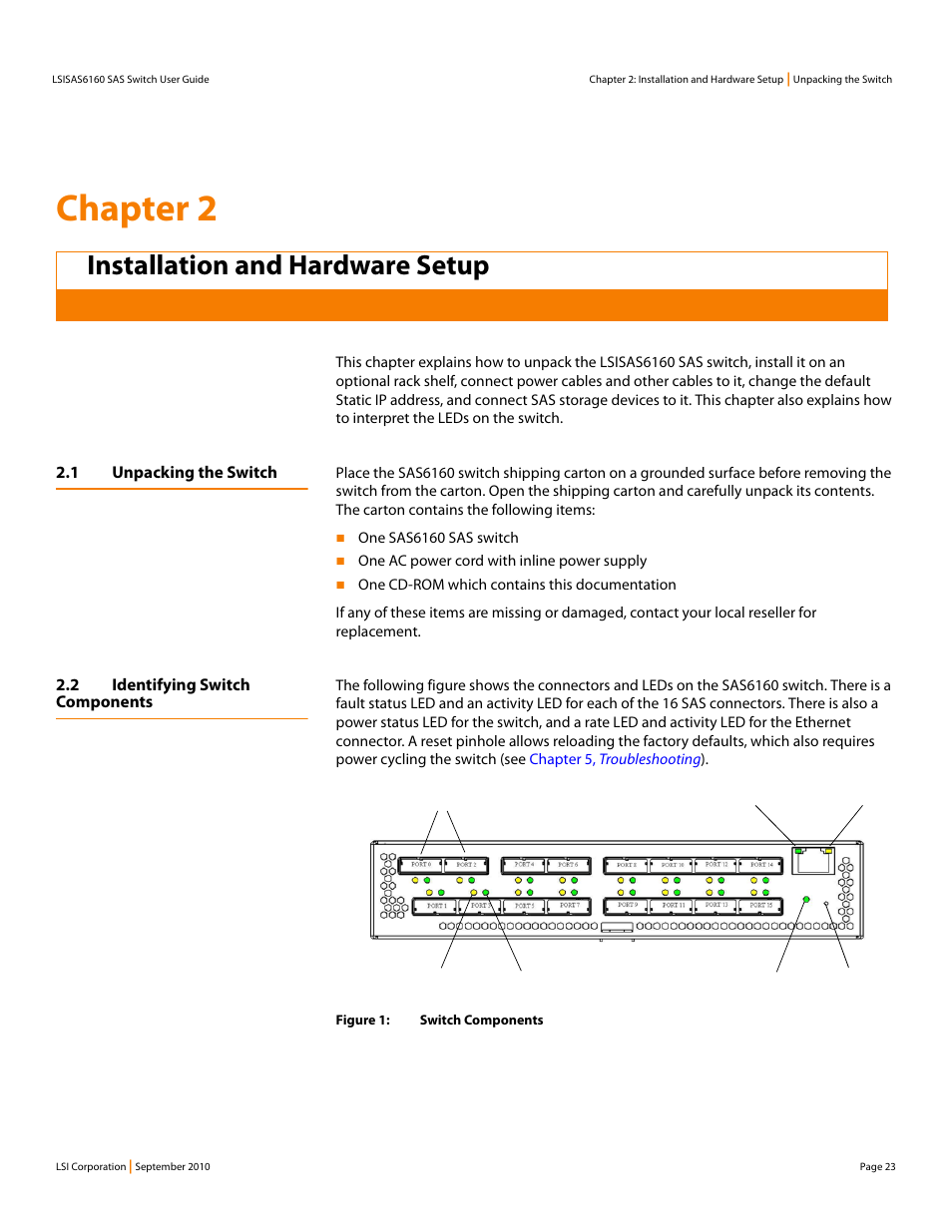 Installation and hardware setup, 1 unpacking the switch, 2 identifying switch components | Chapter 2: installation and hardware setup, Chapter 2 | LSI SAS6160 User Manual | Page 23 / 76