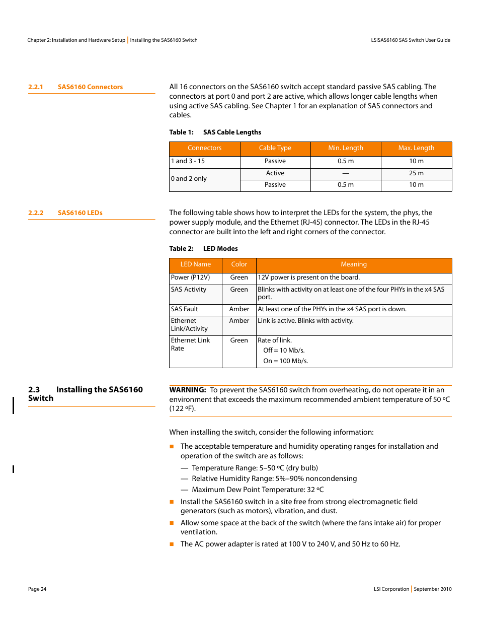 1 sas6160 connectors, 2 sas6160 leds, 3 installing the sas6160 switch | 1 sas6160 connectors 2.2.2 sas6160 leds | LSI SAS6160 User Manual | Page 24 / 76