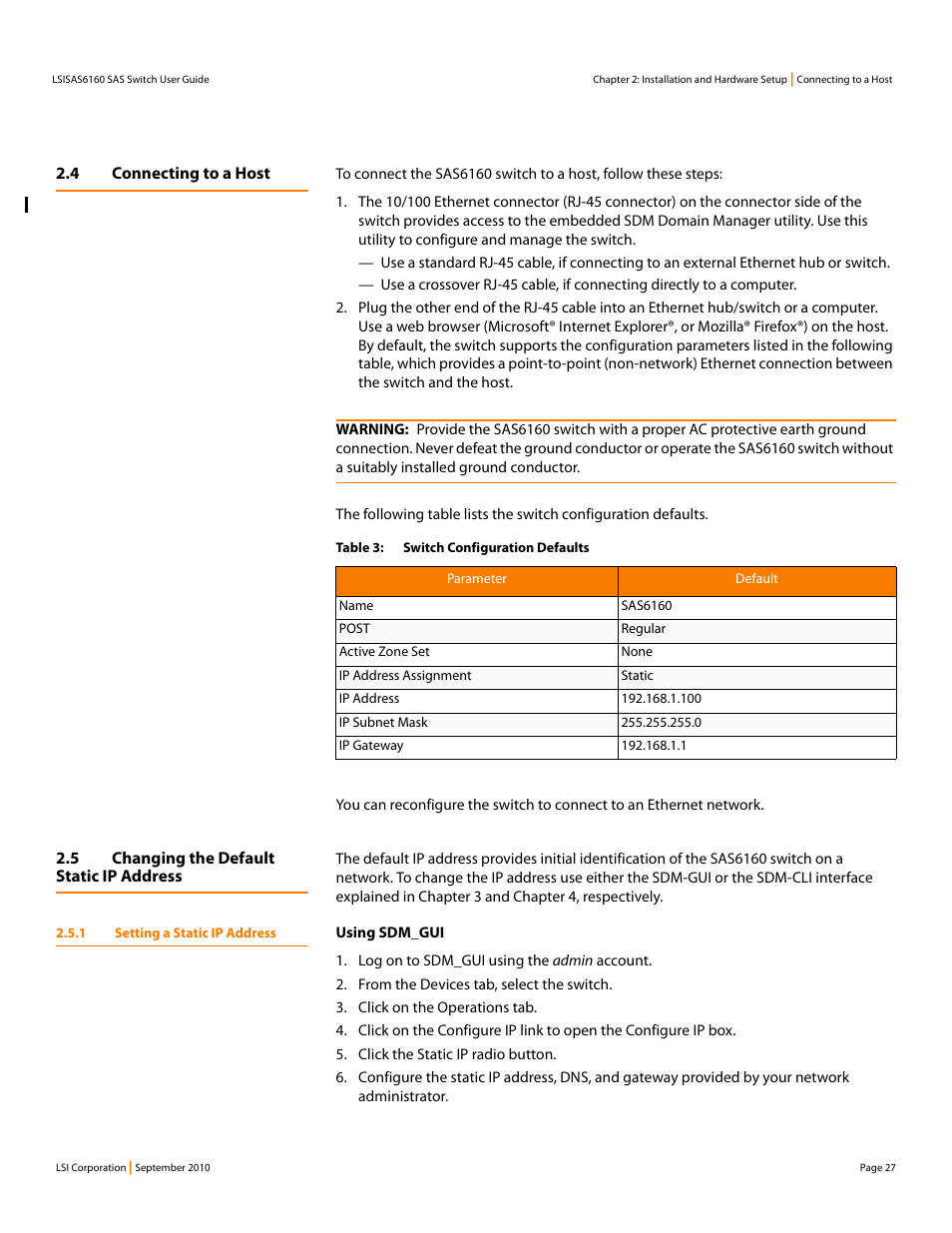 4 connecting to a host, 5 changing the default static ip address, 1 setting a static ip address | LSI SAS6160 User Manual | Page 27 / 76