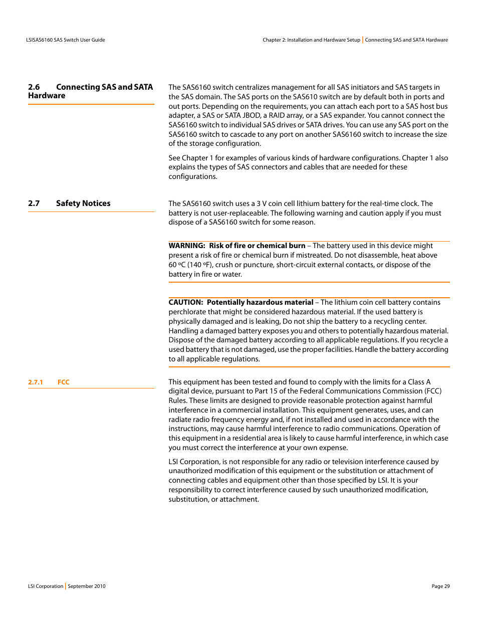 6 connecting sas and sata hardware, 7 safety notices, 1 fcc | LSI SAS6160 User Manual | Page 29 / 76