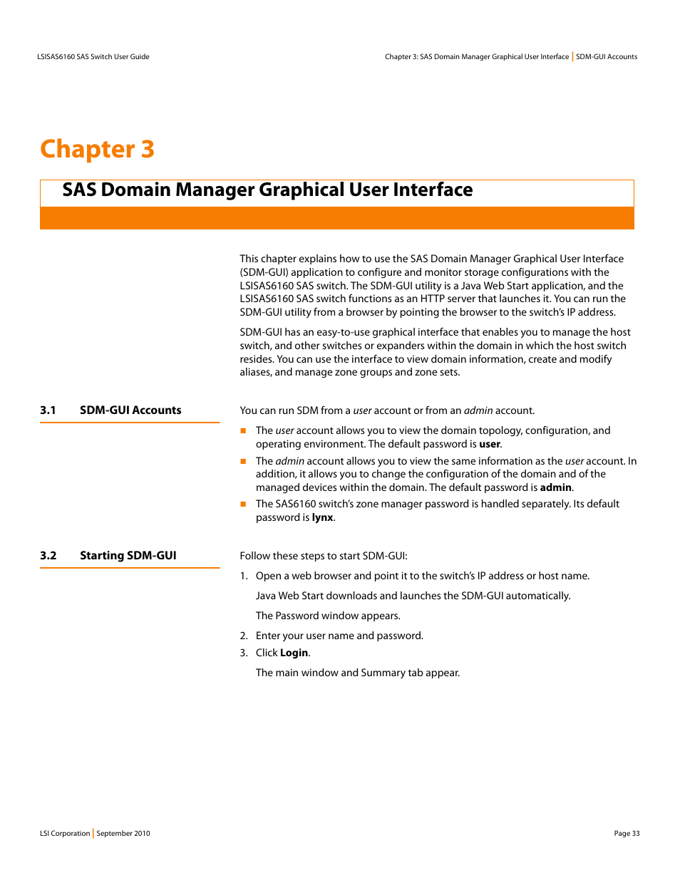 Sas domain manager graphical user interface, 1 sdm-gui accounts, 2 starting sdm-gui | Chapter 3 | LSI SAS6160 User Manual | Page 33 / 76