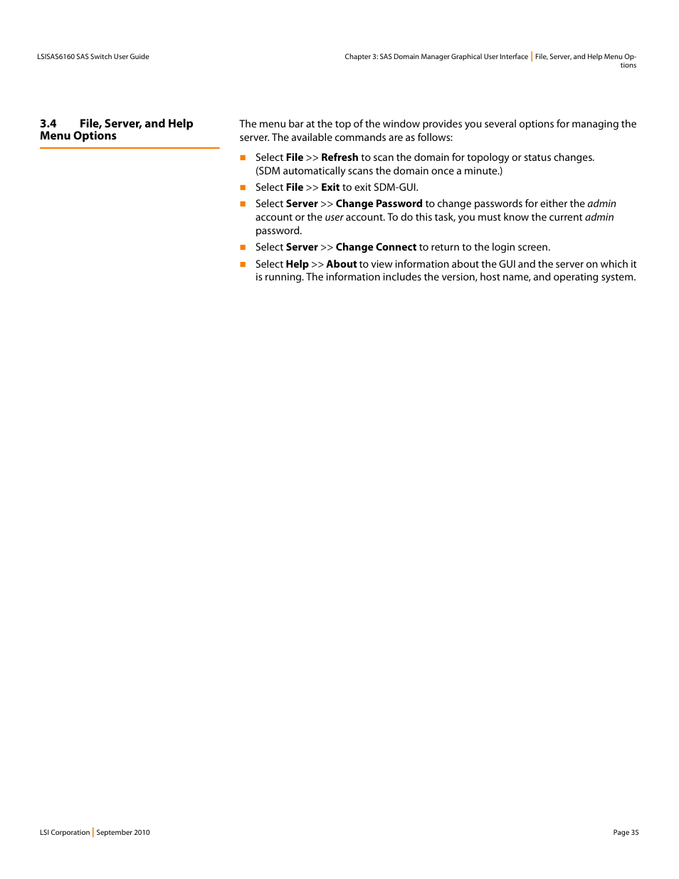 4 file, server, and help menu options | LSI SAS6160 User Manual | Page 35 / 76