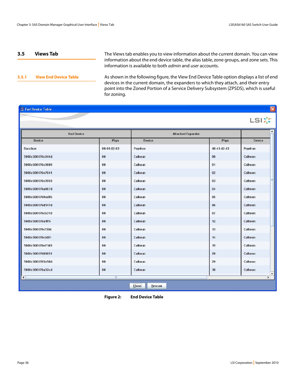 5 views tab, 1 view end device table | LSI SAS6160 User Manual | Page 36 / 76