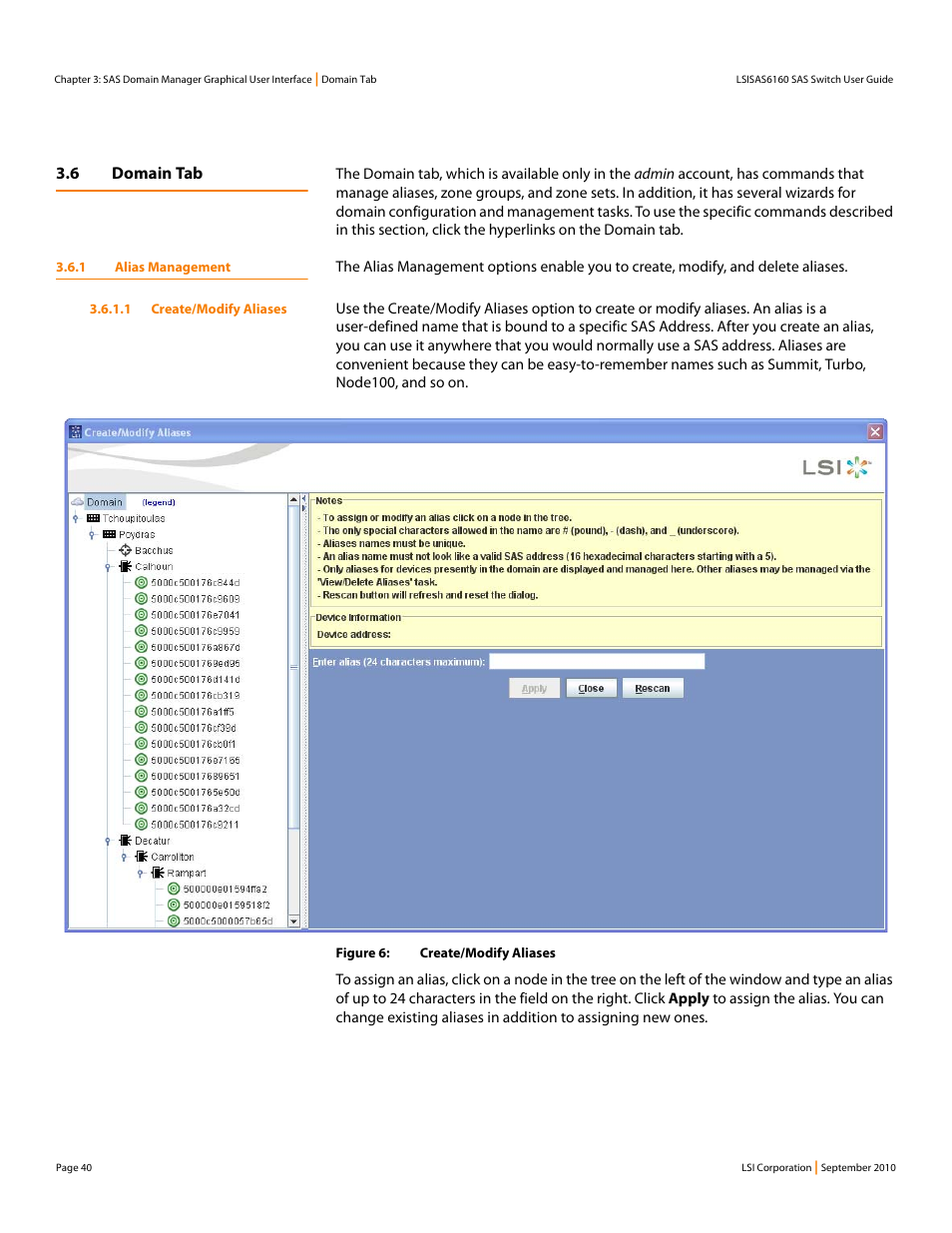 6 domain tab, 1 alias management, 1 create/modify aliases | LSI SAS6160 User Manual | Page 40 / 76