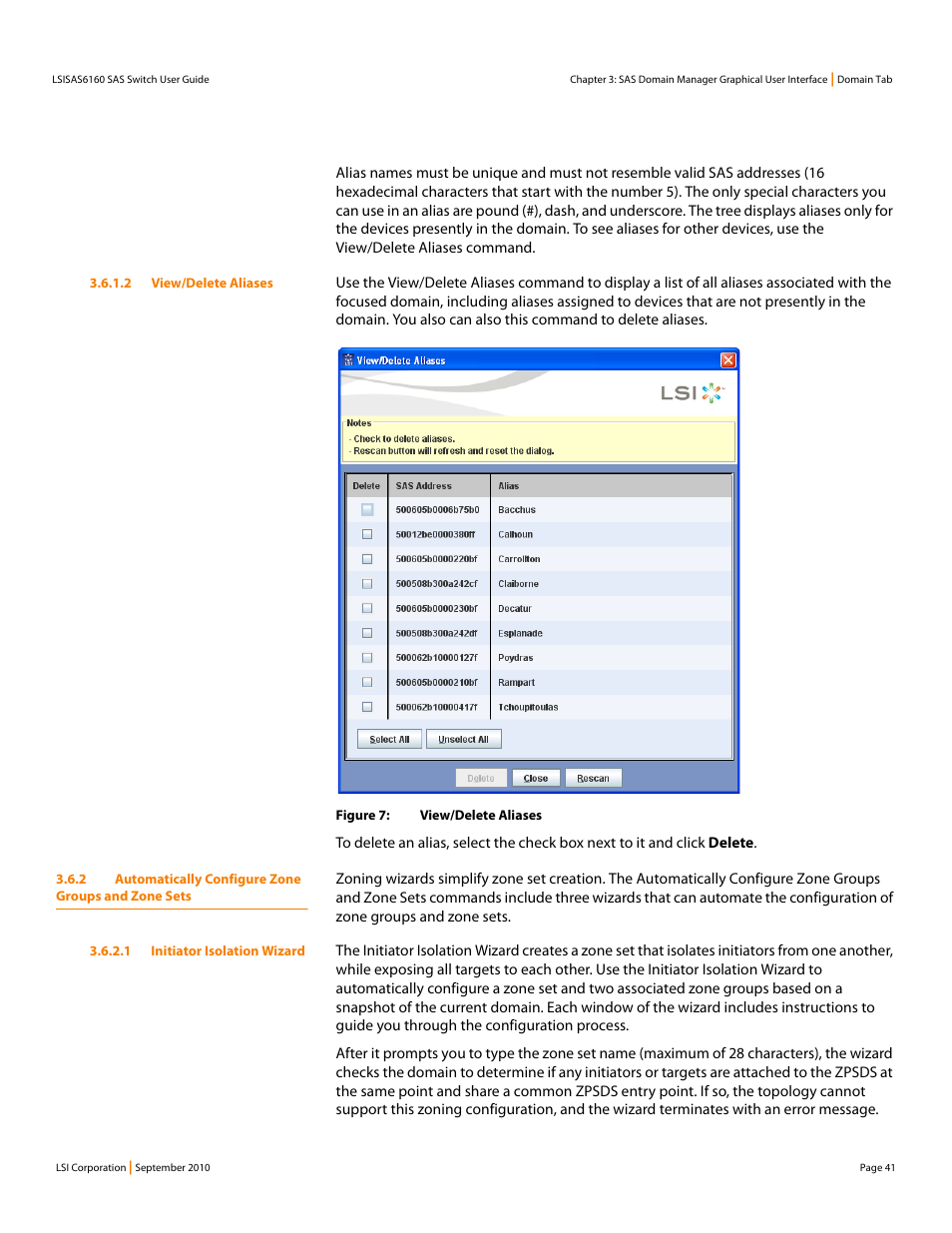 2 view/delete aliases, 1 initiator isolation wizard | LSI SAS6160 User Manual | Page 41 / 76