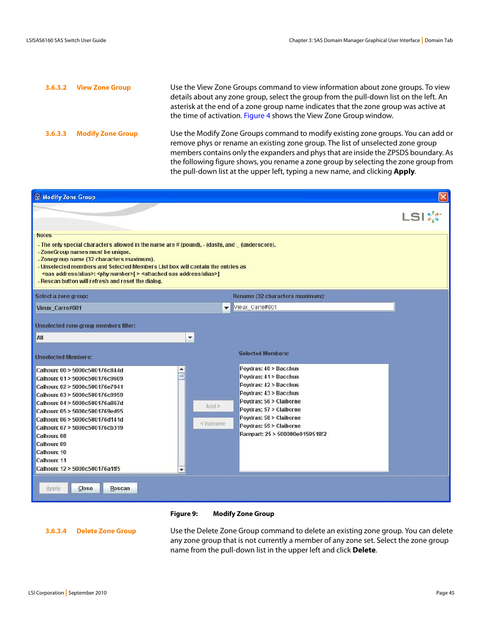 2 view zone group, 3 modify zone group, 4 delete zone group | LSI SAS6160 User Manual | Page 45 / 76