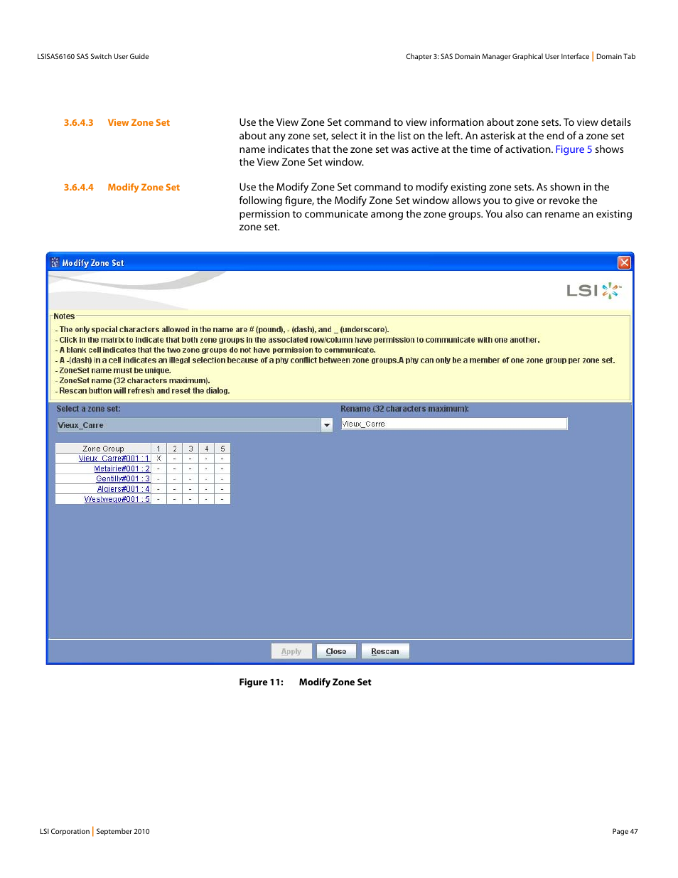 3 view zone set, 4 modify zone set | LSI SAS6160 User Manual | Page 47 / 76