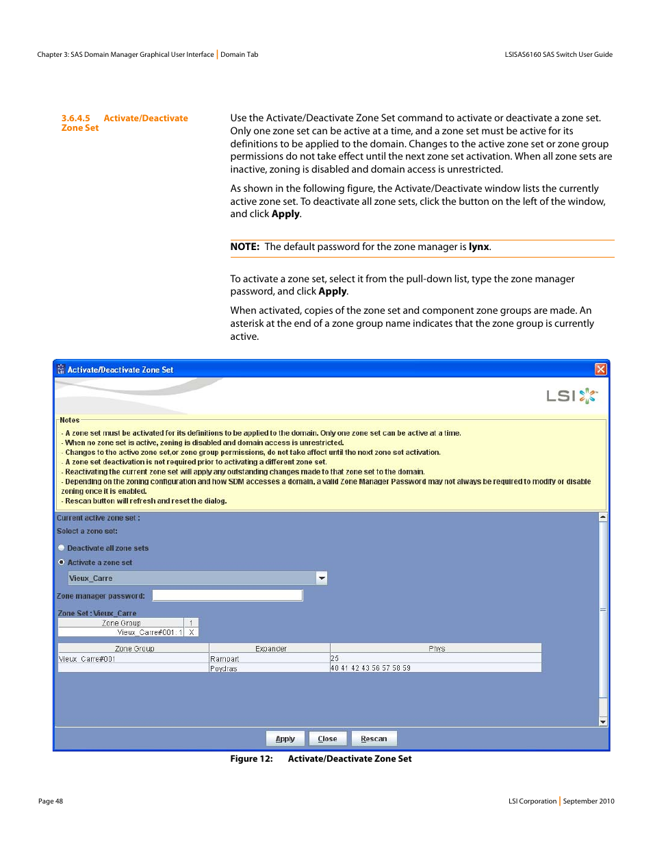 5 activate/deactivate zone set | LSI SAS6160 User Manual | Page 48 / 76