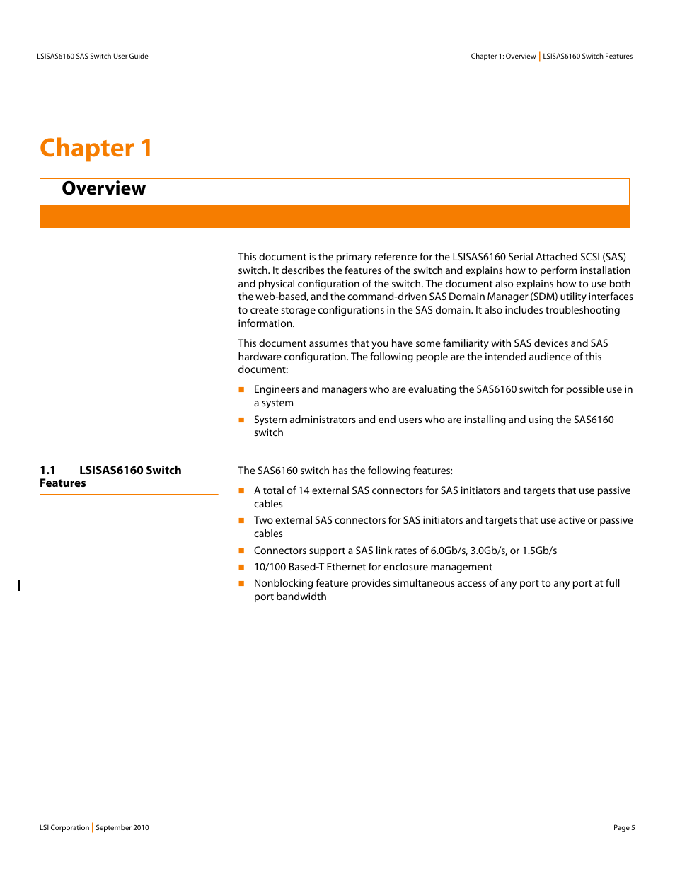 Overview, 1 lsisas6160 switch features, Chapter 1: overview | Chapter 1 | LSI SAS6160 User Manual | Page 5 / 76