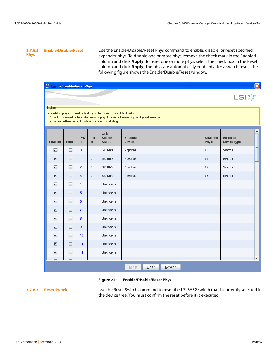 2 enable/disable/reset phys, 3 reset switch | LSI SAS6160 User Manual | Page 57 / 76