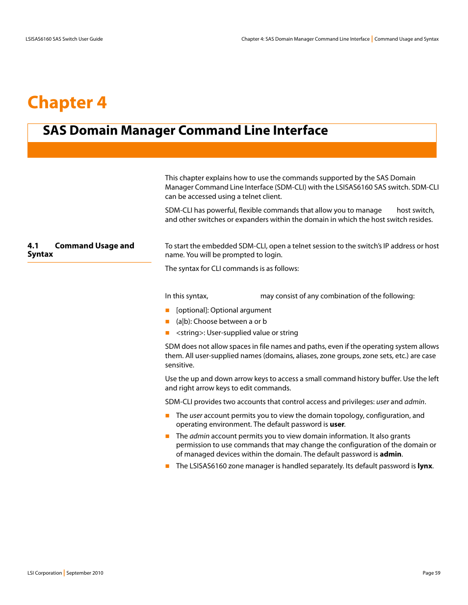 Sas domain manager command line interface, 1 command usage and syntax, Chapter 4 | LSI SAS6160 User Manual | Page 59 / 76