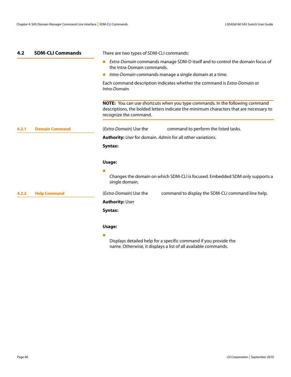 2 sdm-cli commands, 1 domain command, 2 help command | 1 domain command 4.2.2 help command | LSI SAS6160 User Manual | Page 60 / 76