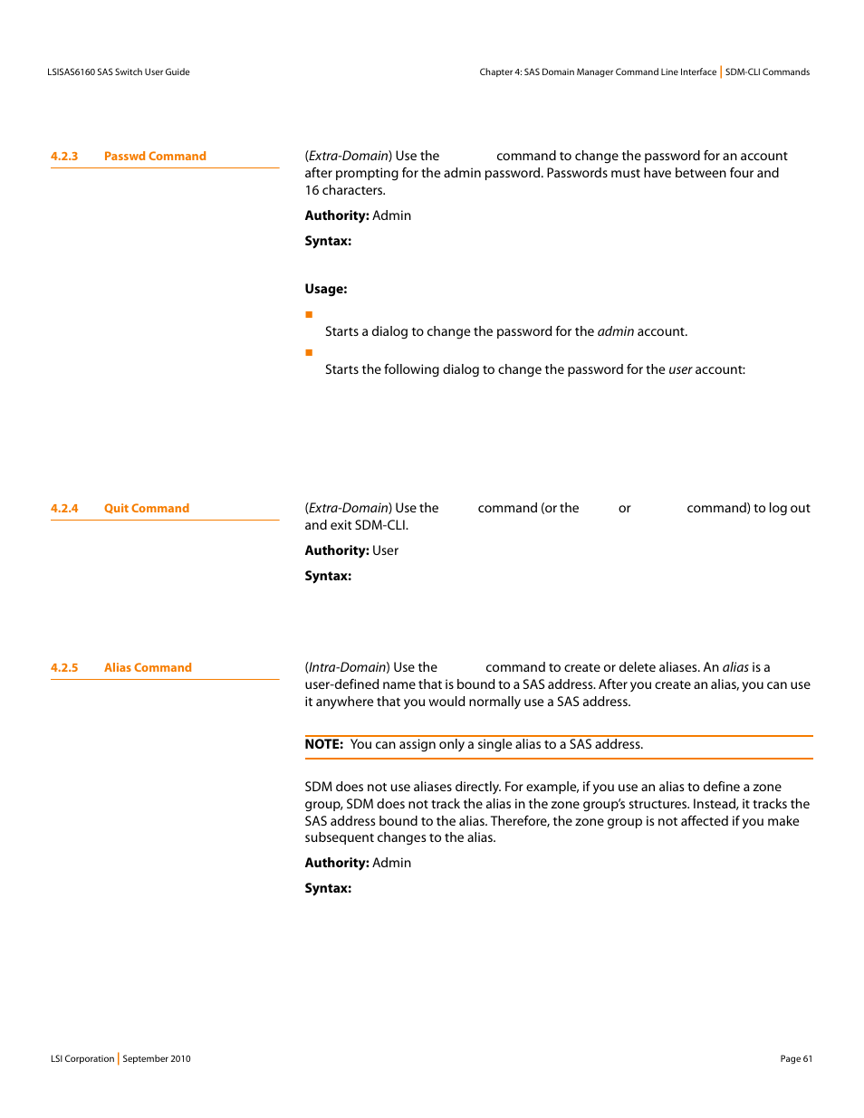 3 passwd command, 4 quit command, 5 alias command | LSI SAS6160 User Manual | Page 61 / 76