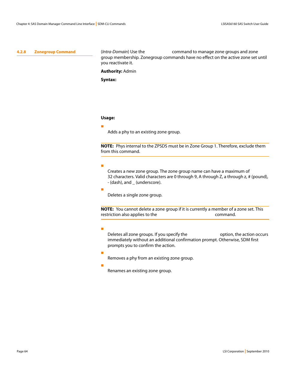 8 zonegroup command | LSI SAS6160 User Manual | Page 64 / 76