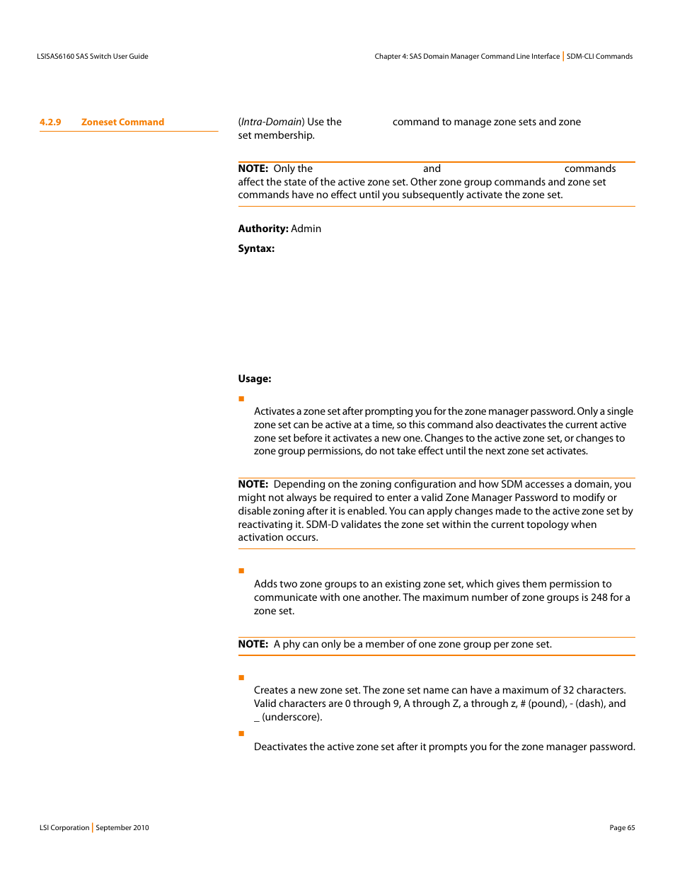 9 zoneset command | LSI SAS6160 User Manual | Page 65 / 76