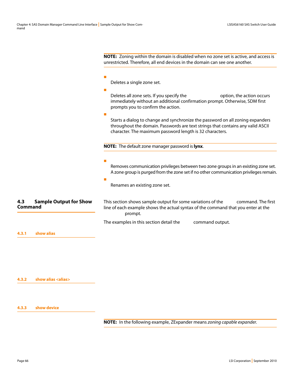 3 sample output for show command, 1 show alias, 2 show alias <alias | 3 show device | LSI SAS6160 User Manual | Page 66 / 76