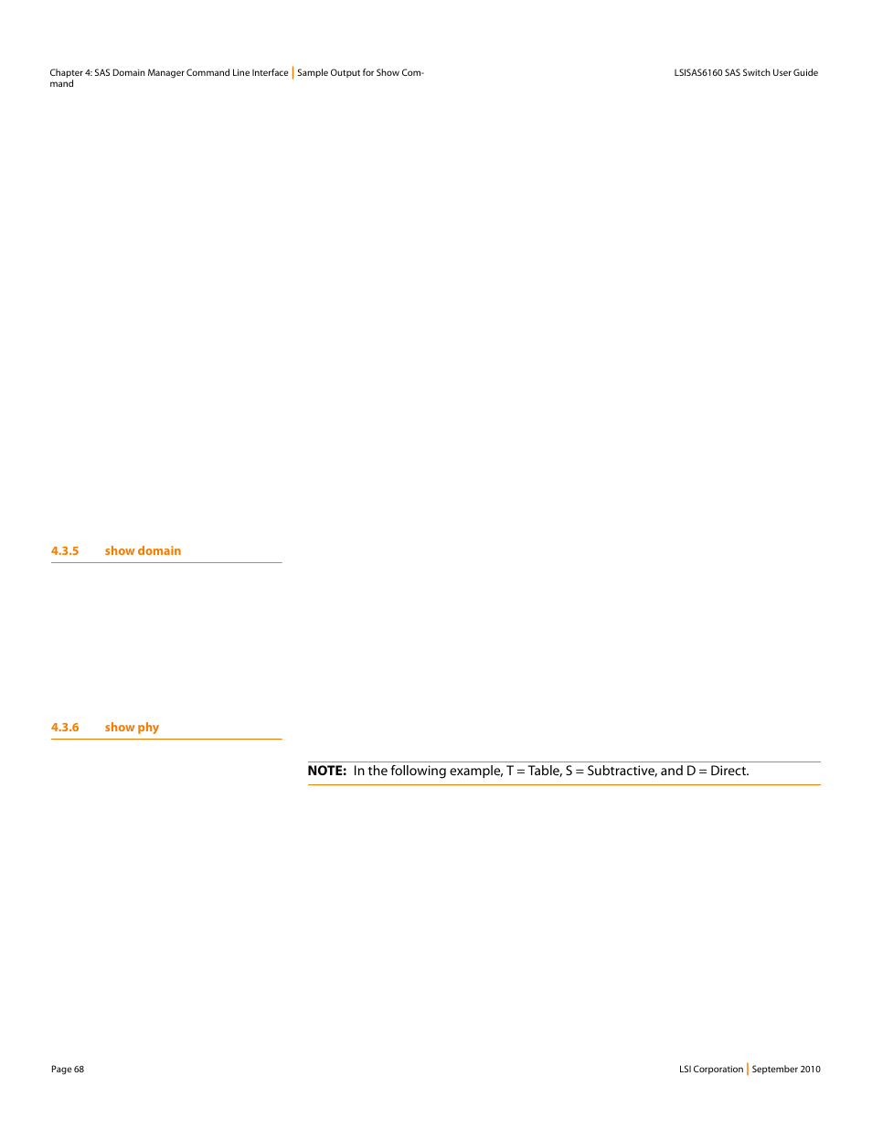 5 show domain, 6 show phy, 5 show domain 4.3.6 show phy | LSI SAS6160 User Manual | Page 68 / 76