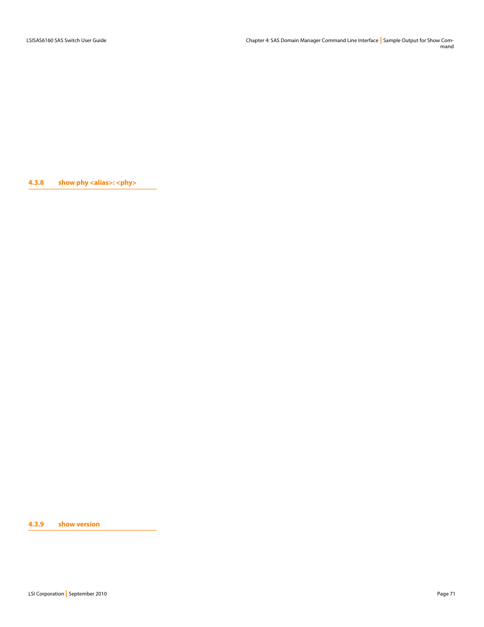 8 show phy <alias>: <phy, 9 show version, 8 show phy <alias>: <phy> 4.3.9 show version | LSI SAS6160 User Manual | Page 71 / 76