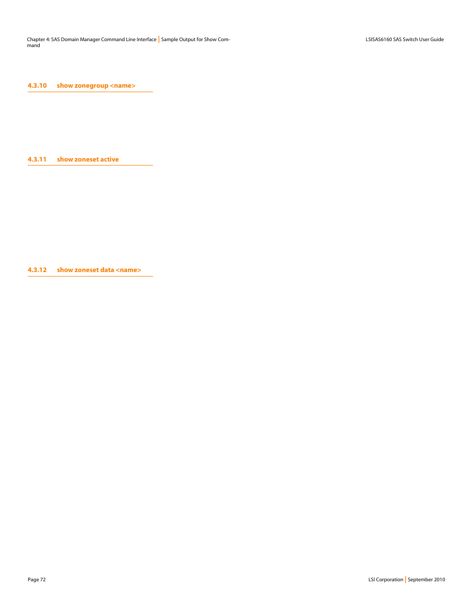 10 show zonegroup <name, 11 show zoneset active, 12 show zoneset data <name | LSI SAS6160 User Manual | Page 72 / 76