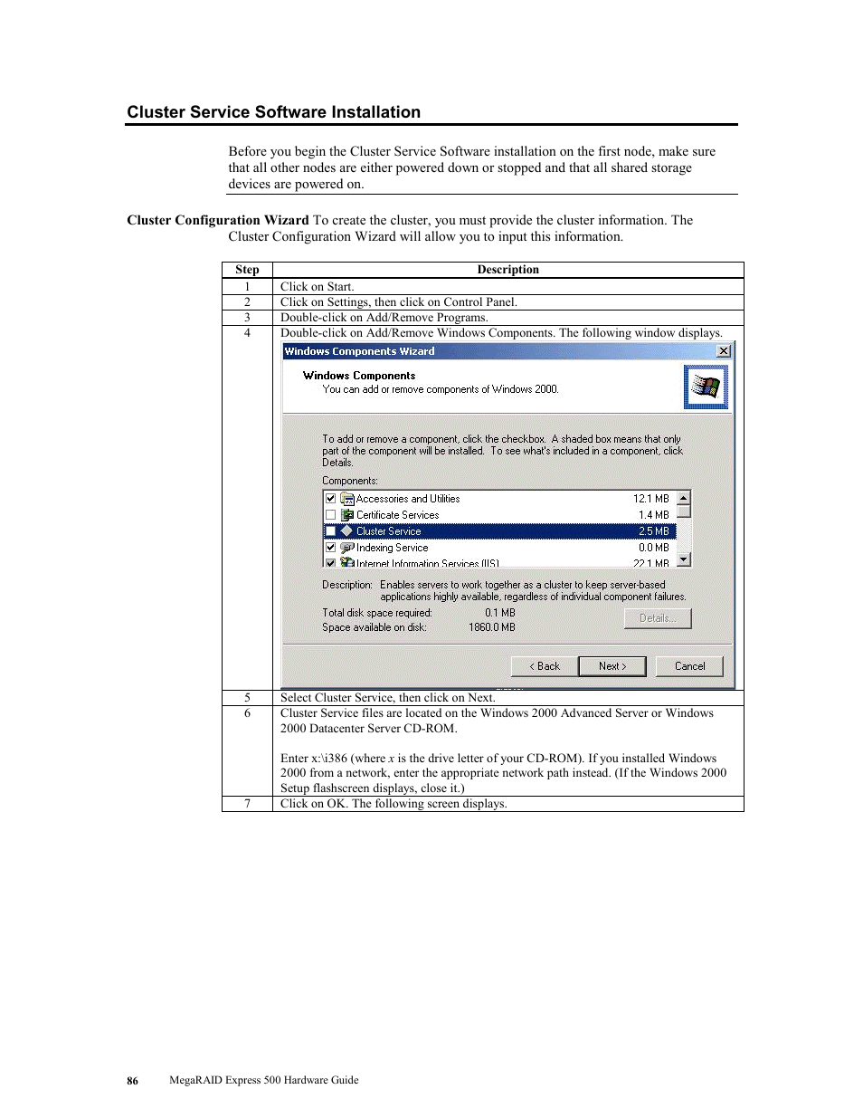 Cluster service software installation | LSI MegaRAID Express 500 User Manual | Page 100 / 148