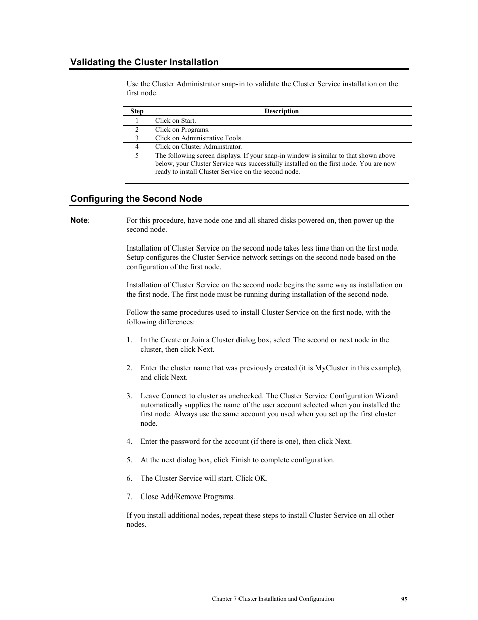 Validating the cluster installation, Configuring the second node | LSI MegaRAID Express 500 User Manual | Page 109 / 148