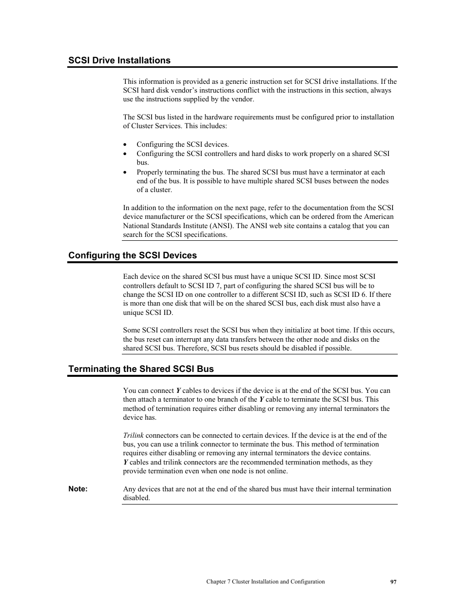 Scsi drive installations, Configuring the scsi devices, Terminating the shared scsi bus | LSI MegaRAID Express 500 User Manual | Page 111 / 148