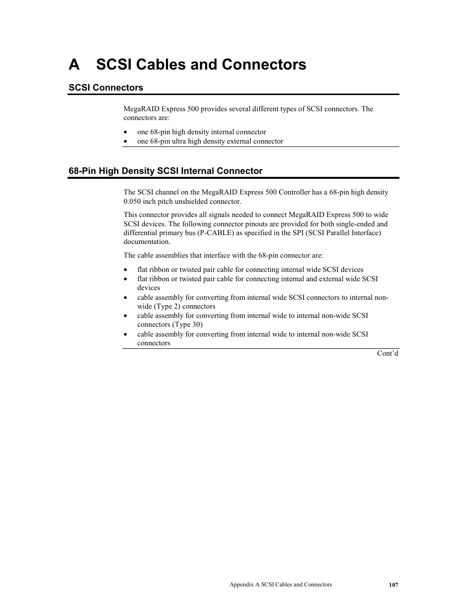 A scsi cables and connectors, Scsi connectors, Pin high density scsi internal connector | Scsi cables and connectors | LSI MegaRAID Express 500 User Manual | Page 121 / 148