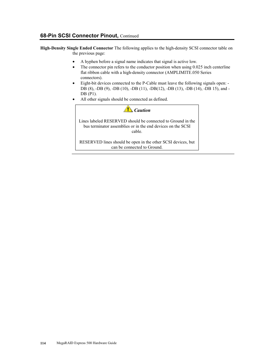 Pin scsi connector pinout, continued | LSI MegaRAID Express 500 User Manual | Page 128 / 148