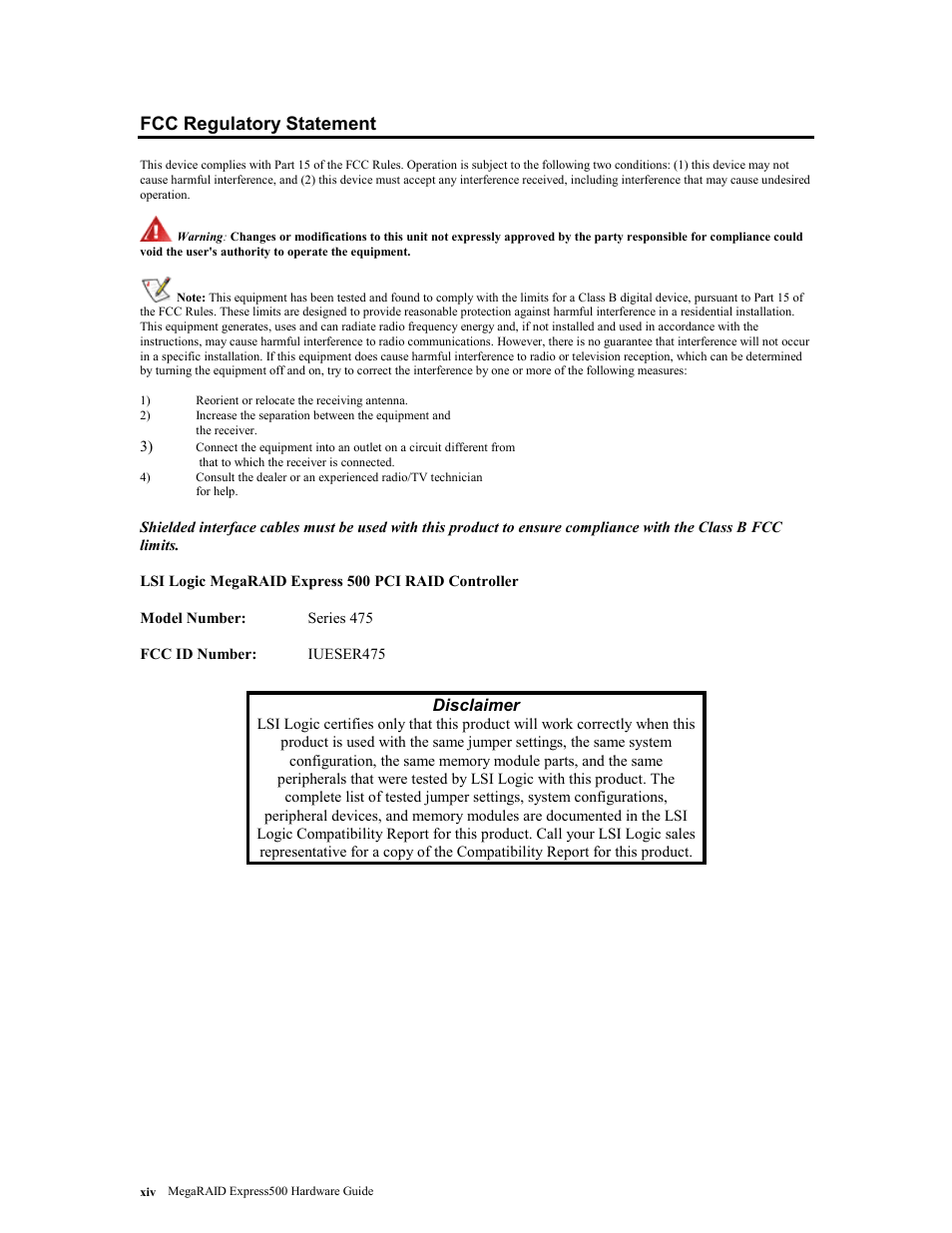 Fcc regulatory statement | LSI MegaRAID Express 500 User Manual | Page 14 / 148