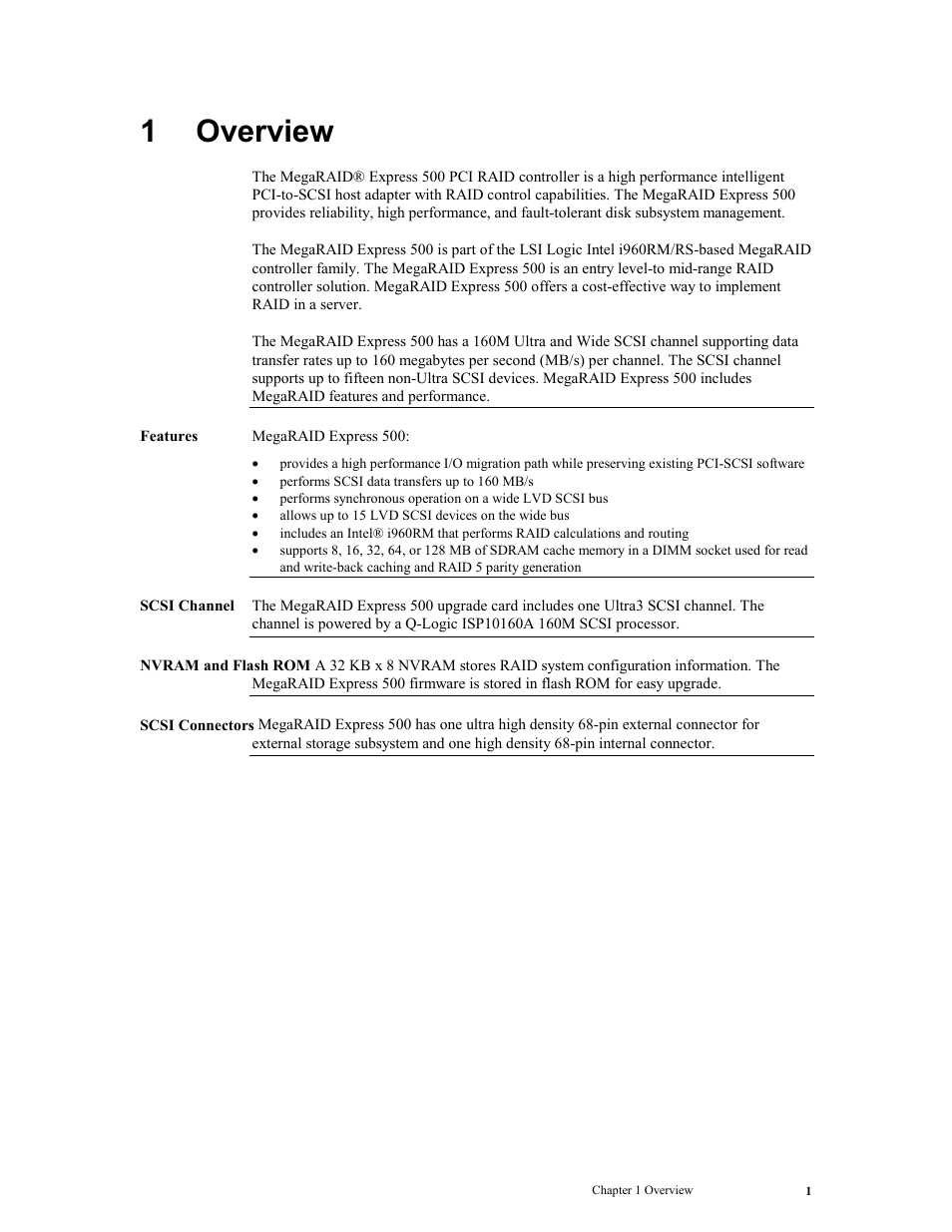 1 overview, Overview, 1overview | LSI MegaRAID Express 500 User Manual | Page 15 / 148