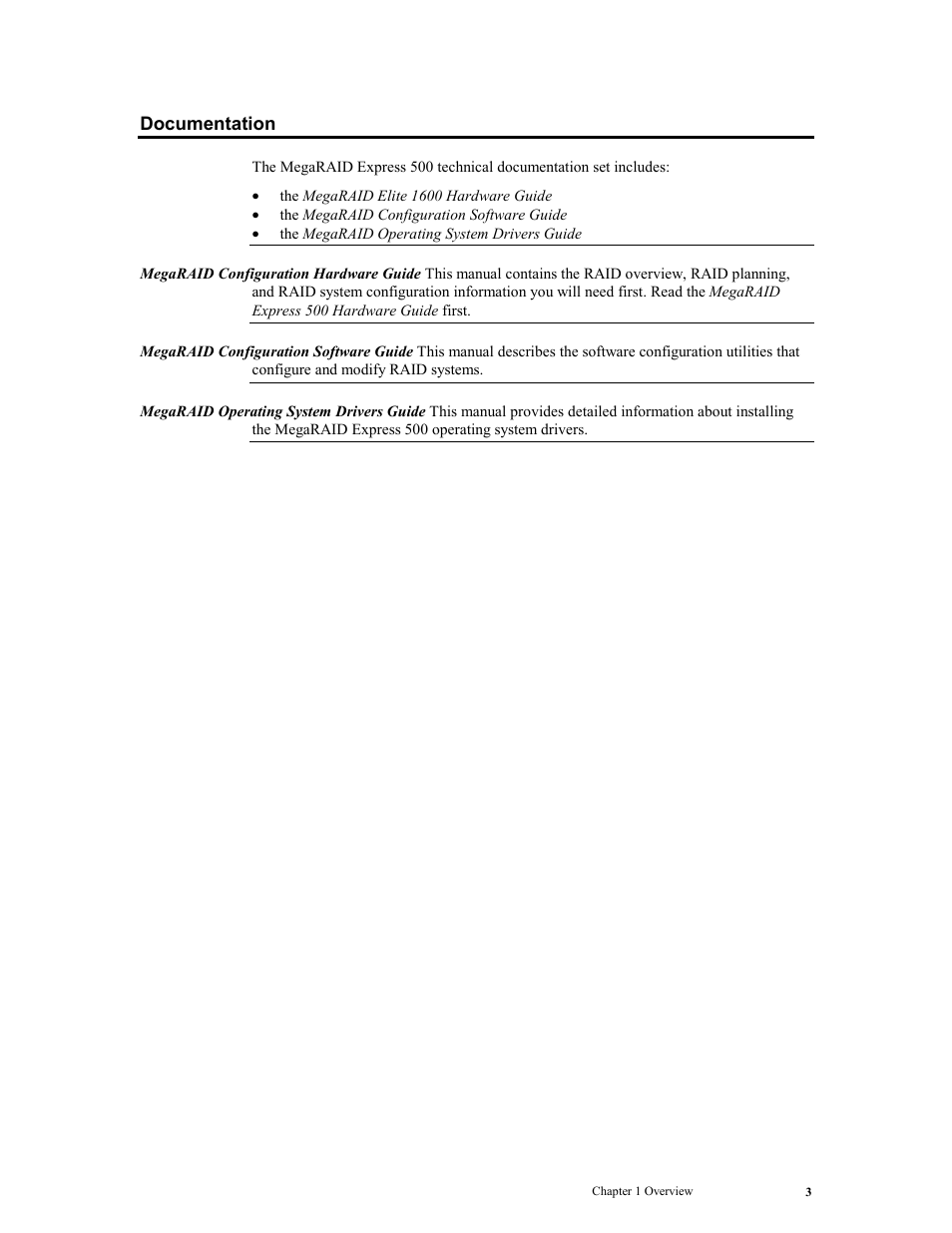 Documentation | LSI MegaRAID Express 500 User Manual | Page 17 / 148