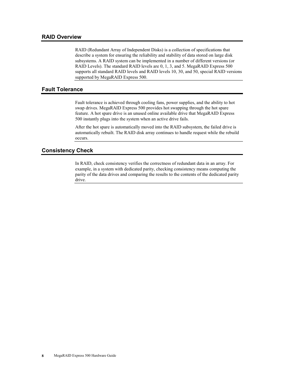 Raid overview, Fault tolerance, Consistency check | Raid overview fault tolerance consistency check, Ge 8 | LSI MegaRAID Express 500 User Manual | Page 22 / 148