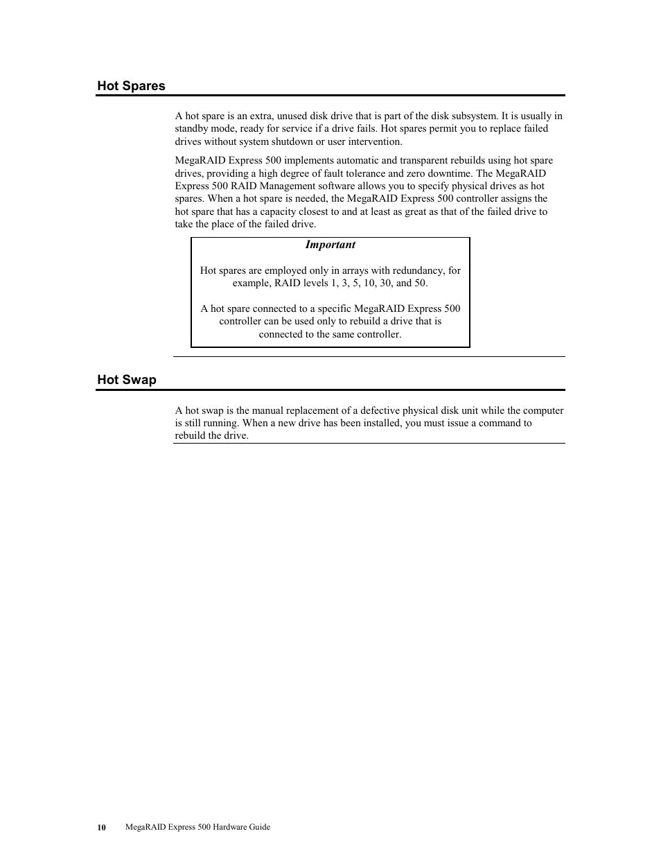 Hot spares, Hot swap, Hot spares hot swap | Ge 10, Age 10 | LSI MegaRAID Express 500 User Manual | Page 24 / 148